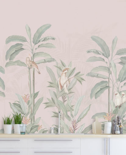 vaaleanpunainen viidakon taustakuvamaalaus nimeltä Vintage Blush Tropical Jungle by Bloomery Decor makuuhuoneisiin ja olohuoneisiin vaaleanpunainen viidakon taustakuvamaalaus nimeltä Vintage Blush Tropical Jungle by Bloomery Decor makuuhuoneisiin ja olohuoneisiin