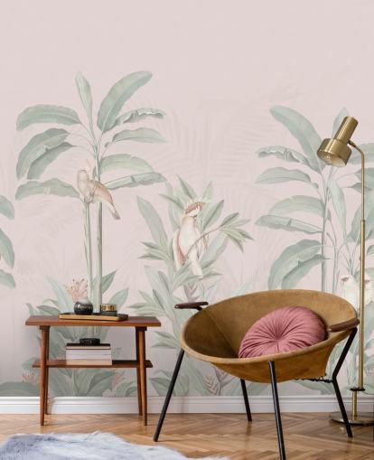 pink jungle wallpaper mural called Vintage Blush Tropical Jungle by Bloomery Decor for bedrooms and living rooms