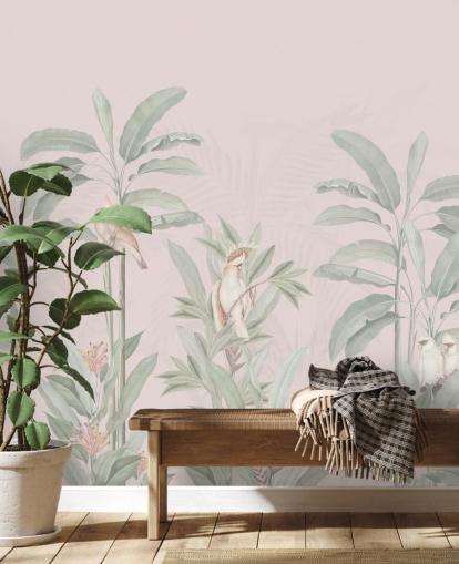 lyserød jungle tapetmaleri kaldet Vintage Blush Tropical Jungle af Bloomery Decor til soveværelser og stuer