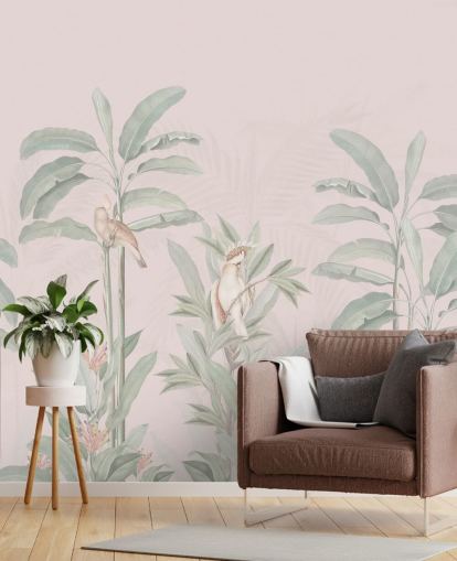 vaaleanpunainen viidakon taustakuvamaalaus nimeltä Vintage Blush Tropical Jungle by Bloomery Decor makuuhuoneisiin ja olohuoneisiin vaaleanpunainen viidakon taustakuvamaalaus nimeltä Vintage Blush Tropical Jungle by Bloomery Decor makuuhuoneisiin ja olohuoneisiin