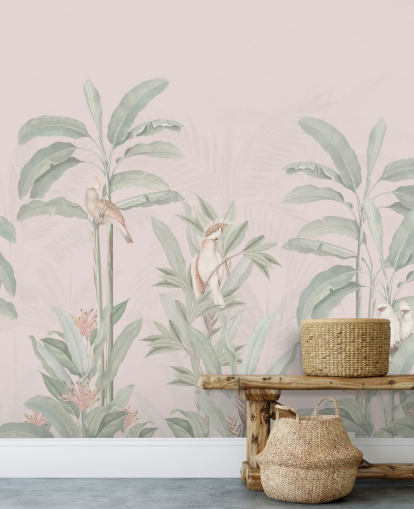 pink jungle wallpaper mural called Vintage Blush Tropical Jungle by Bloomery Decor for bedrooms and living rooms
