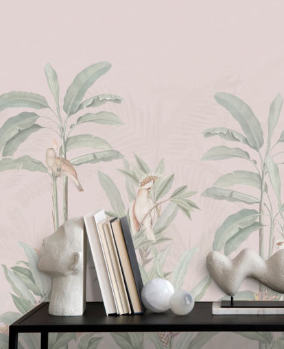 lyserød jungle tapetmaleri kaldet Vintage Blush Tropical Jungle af Bloomery Decor til soveværelser og stuer