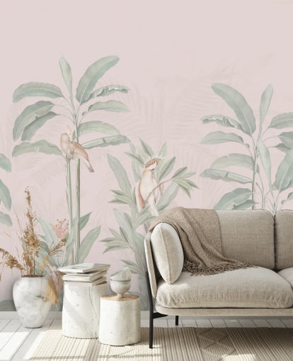 carta da parati murale rosa con giungla chiamata Vintage Blush Tropical Jungle di Bloomery Decor per camere da letto e salotti
