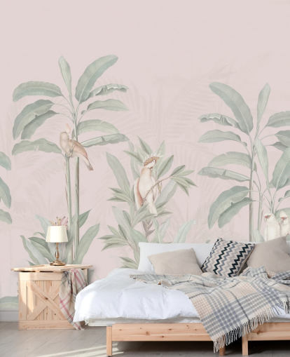 pink jungle wallpaper mural called Vintage Blush Tropical Jungle by Bloomery Decor for bedrooms and living rooms
