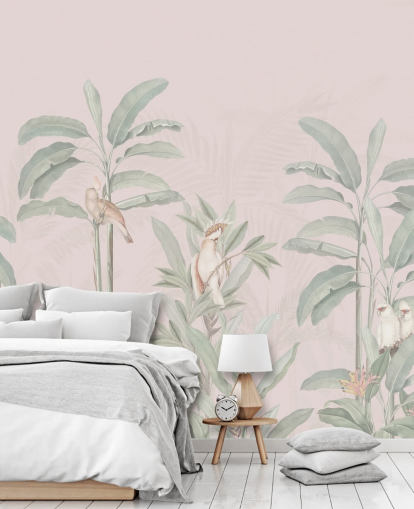 carta da parati murale rosa con giungla chiamata Vintage Blush Tropical Jungle di Bloomery Decor per camere da letto e salotti