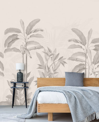 sepia jungle väggmålning som heter Vintage Tropical Jungle av Bloomery Decor för hallar, badrum och matsalar