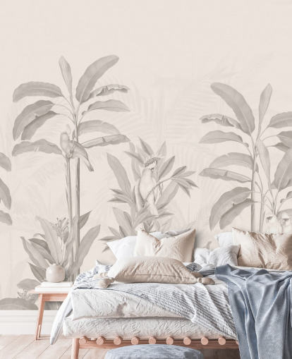 sepia jungle väggmålning som heter Vintage Tropical Jungle av Bloomery Decor för hallar, badrum och matsalar