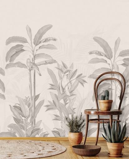 sepia jungle wall mural called Vintage Tropical Jungle by Bloomery Decor for hallways, bathrooms and dining rooms