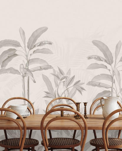 mural de parede de selva sépia chamado Vintage Tropical Jungle da Bloomery Decor para corredores, banheiros e salas de jantar