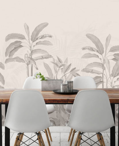 sepia jungle muurschildering genaamd Vintage Tropical Jungle van Bloomery Decor voor gangen, badkamers en eetkamers