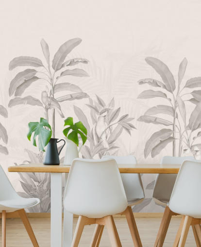 mural de parede de selva sépia chamado Vintage Tropical Jungle da Bloomery Decor para corredores, banheiros e salas de jantar