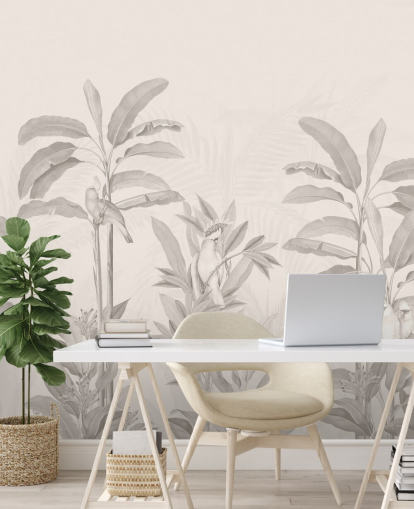 mural de pared sepia de la jungla llamado Vintage Tropical Jungle de Bloomery Decor para pasillos, baños y comedores