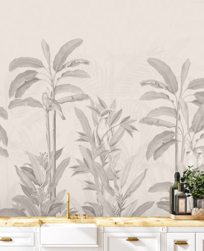 Bloomery Decorin seepia-viidakon seinämaalaus nimeltä Vintage Tropical Jungle käytäville, kylpyhuoneille ja ruokasaleille Bloomery Decorin seepia-viidakon seinämaalaus nimeltä Vintage Tropical Jungle käytäville, kylpyhuoneille ja ruokasaleille