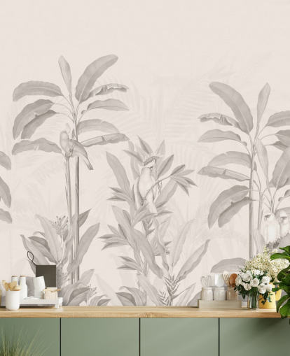 mural de pared sepia de la jungla llamado Vintage Tropical Jungle de Bloomery Decor para pasillos, baños y comedores mural de pared sepia de la jungla llamado Vintage Tropical Jungle de Bloomery Decor para pasillos, baños y comedores