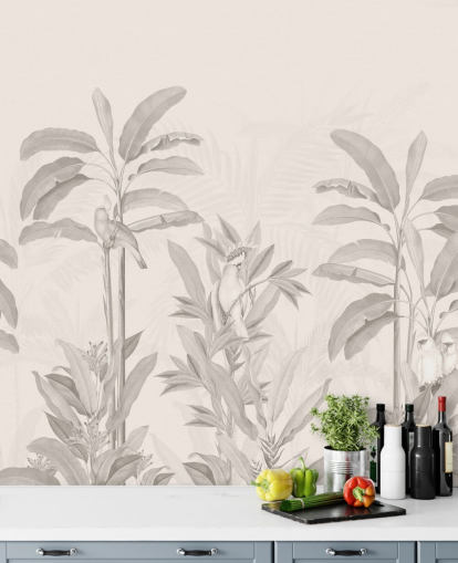 sepia jungle vægmaleri kaldet Vintage Tropical Jungle af Bloomery Decor til gange, badeværelser og spisestuer