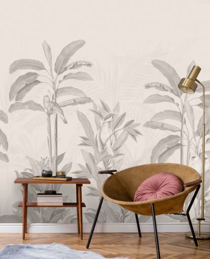 sepia jungle muurschildering genaamd Vintage Tropical Jungle van Bloomery Decor voor gangen, badkamers en eetkamers sepia jungle muurschildering genaamd Vintage Tropical Jungle van Bloomery Decor voor gangen, badkamers en eetkamers