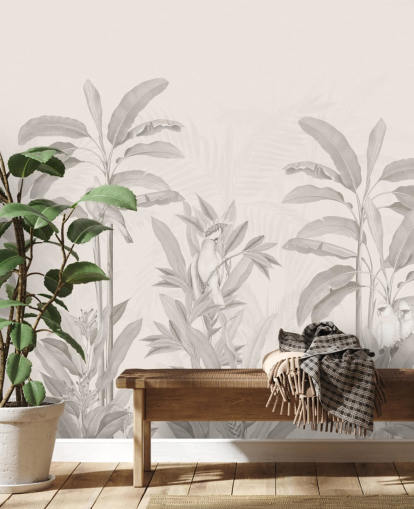 sepia jungle vægmaleri kaldet Vintage Tropical Jungle af Bloomery Decor til gange, badeværelser og spisestuer sepia jungle vægmaleri kaldet Vintage Tropical Jungle af Bloomery Decor til gange, badeværelser og spisestuer