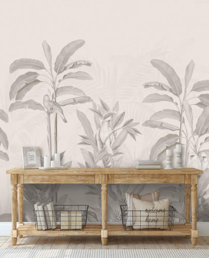 sepia jungle muurschildering genaamd Vintage Tropical Jungle van Bloomery Decor voor gangen, badkamers en eetkamers