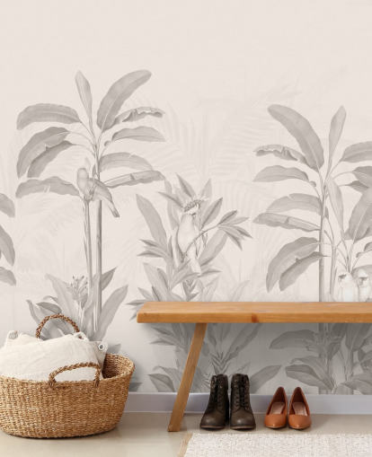 fresque murale en forme de jungle sépia appelée Vintage Tropical Jungle par Bloomery Decor pour les couloirs, les salles de bain et les salles à manger