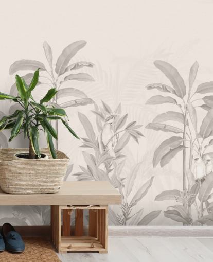 fresque murale en forme de jungle sépia appelée Vintage Tropical Jungle par Bloomery Decor pour les couloirs, les salles de bain et les salles à manger