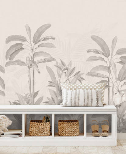 sepia jungle wall mural called Vintage Tropical Jungle by Bloomery Decor for hallways, bathrooms and dining rooms
