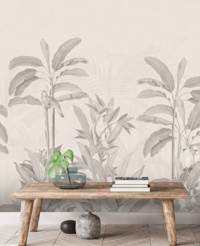 sepia jungle väggmålning som heter Vintage Tropical Jungle av Bloomery Decor för hallar, badrum och matsalar