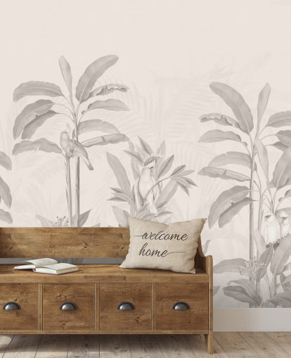 mural de parede de selva sépia chamado Vintage Tropical Jungle da Bloomery Decor para corredores, banheiros e salas de jantar