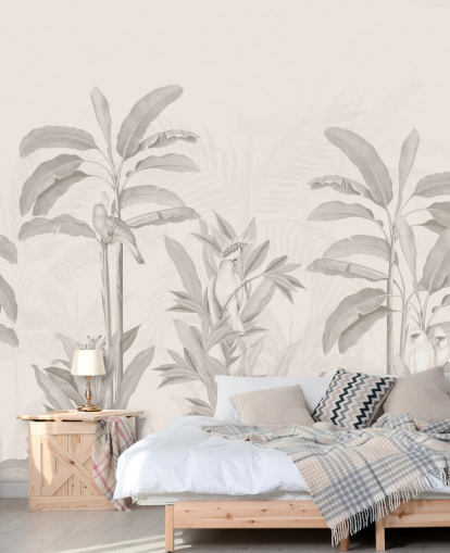 mural de parede de selva sépia chamado Vintage Tropical Jungle da Bloomery Decor para corredores, banheiros e salas de jantar