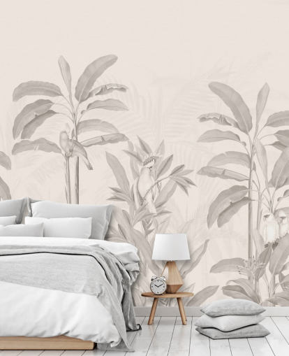 sepia jungle vægmaleri kaldet Vintage Tropical Jungle af Bloomery Decor til gange, badeværelser og spisestuer