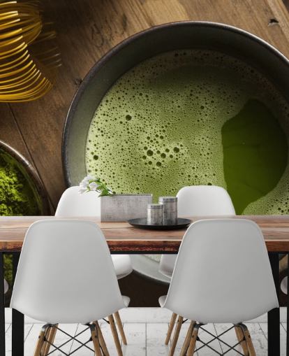 Green Matcha Tea in a Bowl, Matcha Powder and Whisk Wallpaper