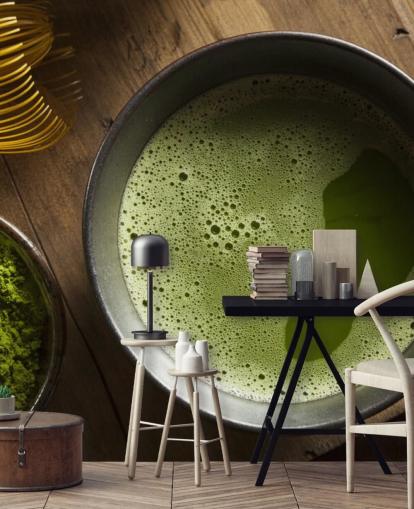 Té verde matcha en un tazón, polvo de matcha y papel tapiz de batidor Té verde matcha en un tazón, polvo de matcha y papel tapiz de batidor