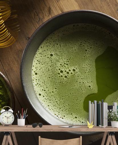Green Matcha Tea in a Bowl, Matcha Powder and Whisk Wallpaper