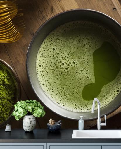 Green Matcha Tea in a Bowl, Matcha Powder and Whisk Wallpaper Green Matcha Tea in a Bowl, Matcha Powder and Whisk Wallpaper