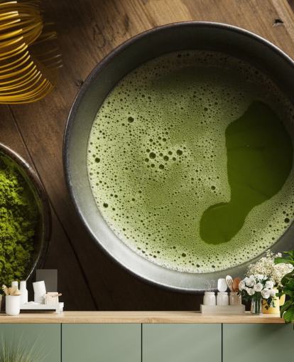 Green Matcha Tea in a Bowl, Matcha Powder and Whisk Wallpaper Green Matcha Tea in a Bowl, Matcha Powder and Whisk Wallpaper