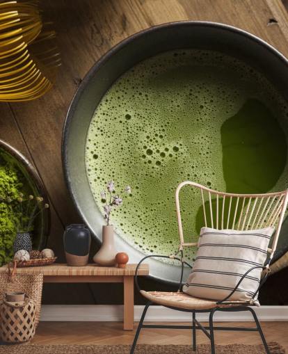 Green Matcha Tea in a Bowl, Matcha Powder and Whisk Wallpaper
