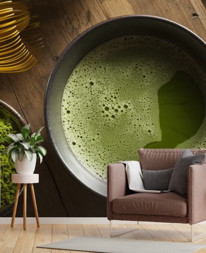 Grönt matcha te i en skål, Matcha pulver och visp Bakgrund