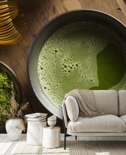 Té verde matcha en un tazón, polvo de matcha y papel tapiz de batidor Té verde matcha en un tazón, polvo de matcha y papel tapiz de batidor