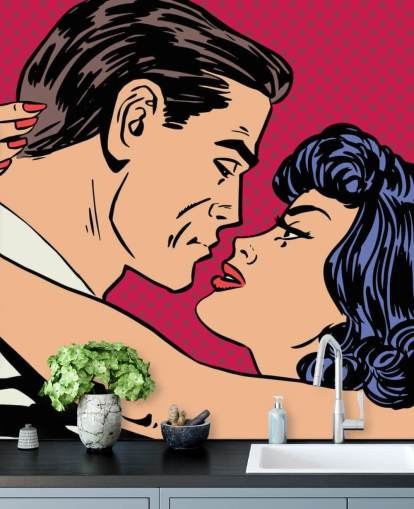 Papel pintado Arte pop de un hombre y una mujer besándose Papel pintado Arte pop de un hombre y una mujer besándose