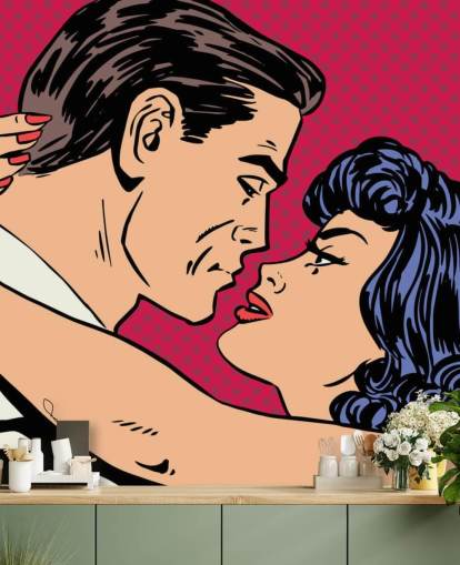 Pop Art of a Man and Woman Kissing Wallpaper