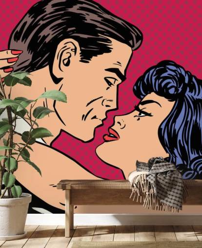 Pop Art of a Man and Woman Kissing Wallpaper