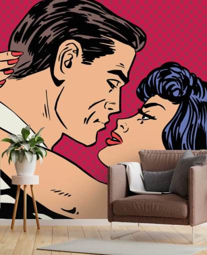 Pop Art of a Man and Woman Kissing Wallpaper