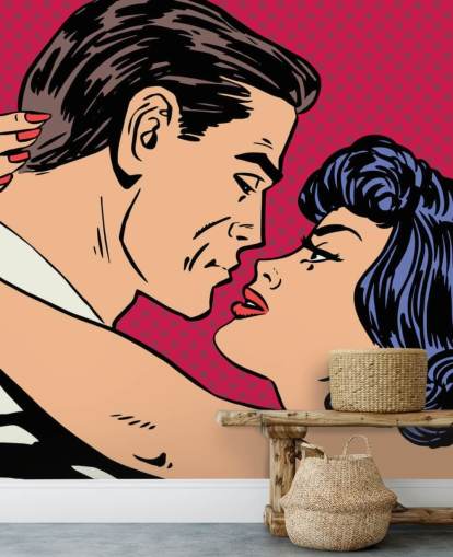 Pop Art de um homem e uma mulher beijando papel de parede Pop Art de um homem e uma mulher beijando papel de parede