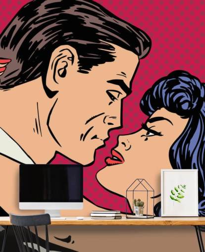 Pop Art van een man en vrouw kussen behang