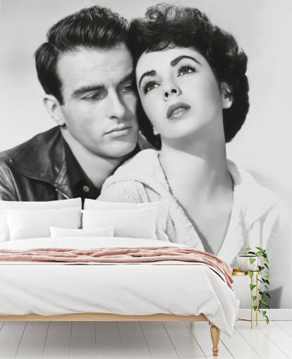 sort/hvid filmmaleri kaldet Montgomery Clift & Elizabeth Taylor (Et sted i solen)