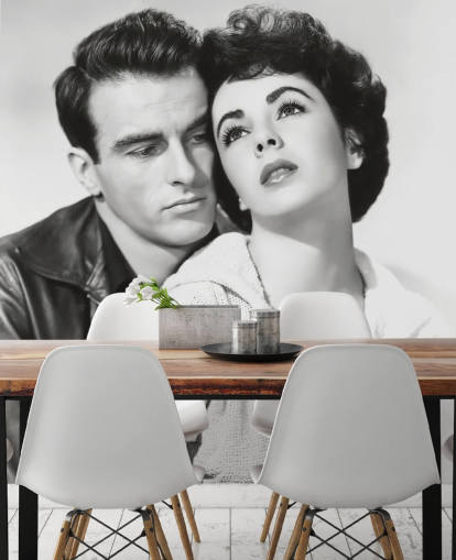 mustavalkoinen elokuvamaalaus nimeltä Montgomery Clift & Elizabeth Taylor (Paikka auringossa)