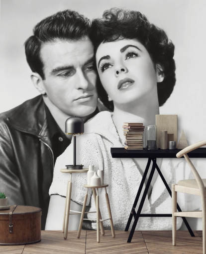 mustavalkoinen elokuvamaalaus nimeltä Montgomery Clift & Elizabeth Taylor (Paikka auringossa)