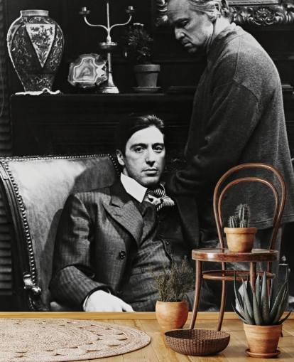 mural de papel de parede preto e branco do padrinho chamado Al Pacino & Marlon Brando (O Poderoso Chefão) para quartos e escritórios