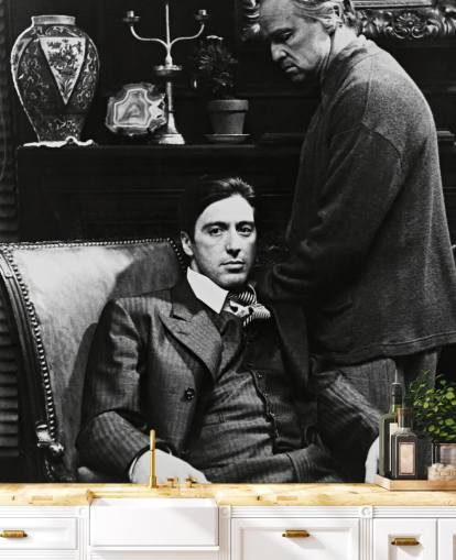 mural de papel pintado en blanco y negro del padrino llamado Al Pacino y Marlon Brando (El padrino) para dormitorios y oficinas