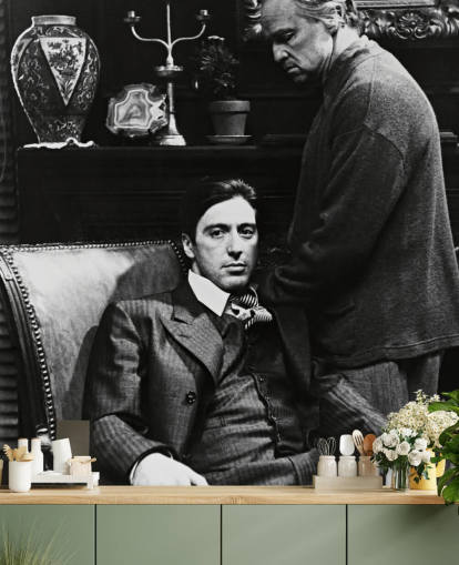 Schwarz-Weiß-Tapeten-Wandbild „Der Pate“ mit dem Titel Al Pacino & Marlon Brando (Der Pate) für Schlafzimmer und Büros Schwarz-Weiß-Tapeten-Wandbild „Der Pate“ mit dem Titel Al Pacino & Marlon Brando (Der Pate) für Schlafzimmer und Büros