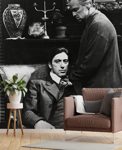 mural de papel de parede preto e branco do padrinho chamado Al Pacino & Marlon Brando (O Poderoso Chefão) para quartos e escritórios